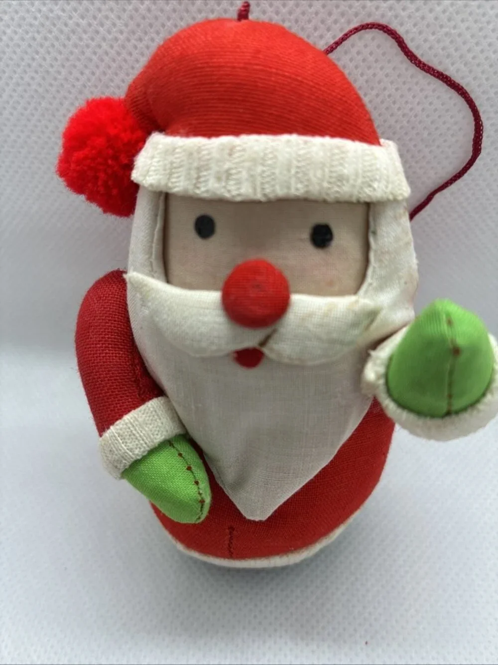 Vintage Handmade Cloth Santa Christmas Ornament Red Green Hanging Decor Rustic